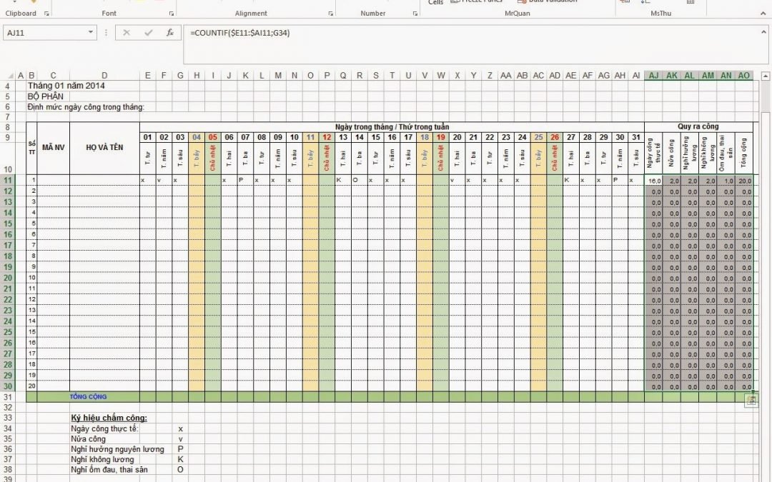 Cách tính bảng chấm công trong excel, có kèm công thức cụ thể