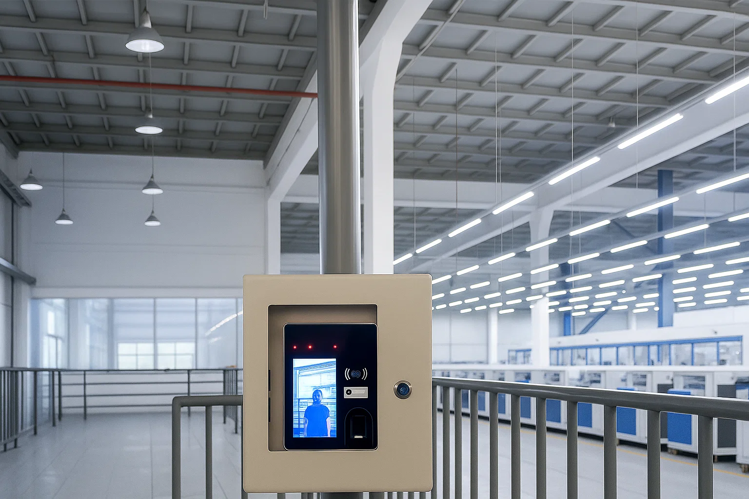 máy chấm công nhận diện khuôn mặt bên trong nhà xưởng