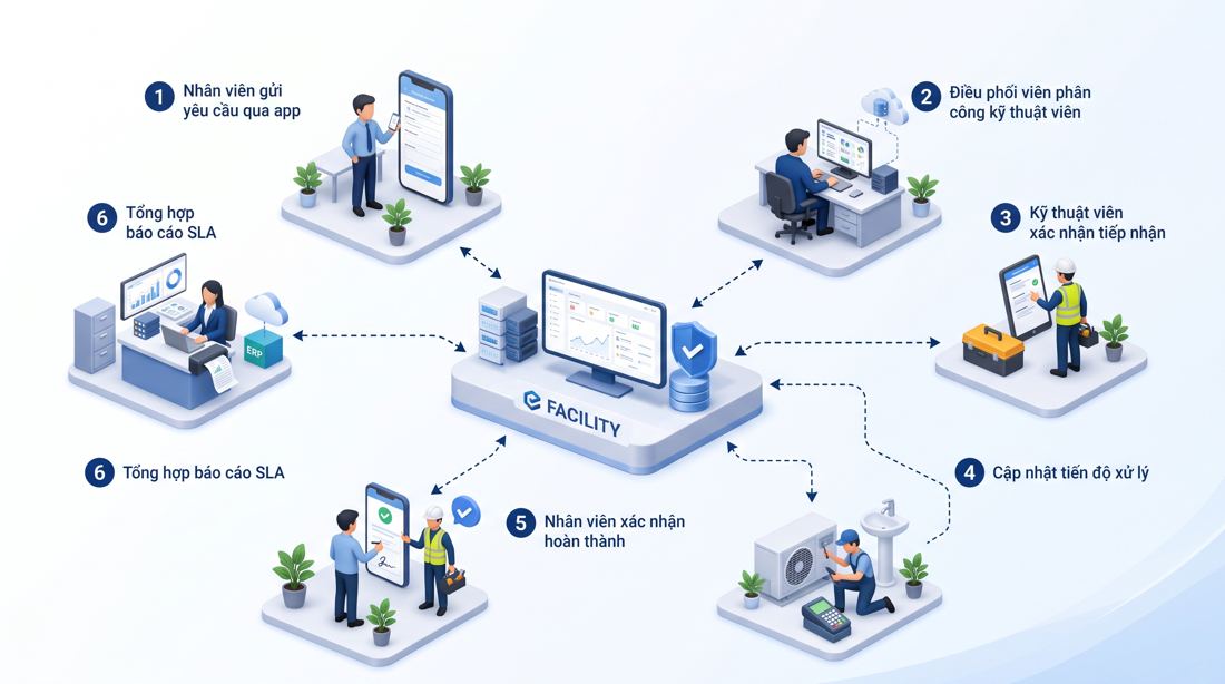 Sơ đồ 3D quy trình xử lý yêu cầu cơ sở vật chất Facility