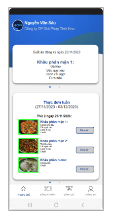 Giao diện mobile app eCMS cho nhân viên chọn món ăn cá nhân hóa