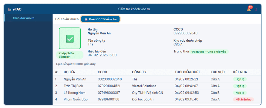 Giao diện phần mềm eFAC lưu lịch sử quét CCCD, dùng làm bằng chứng khi audit an ninh